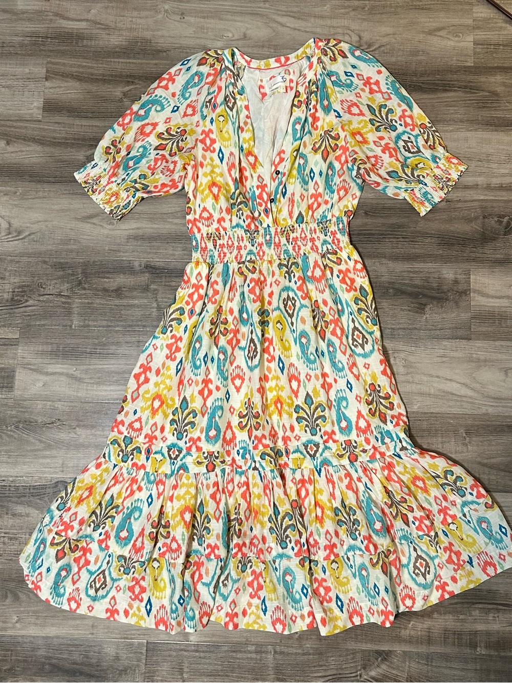 Anthropologie Multicolor Ikat V-Neck Smocked Midi Dress